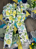 Yellow Navy & Turquoise Floral Bow Spring & Summer Handmade Wreath