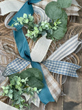 Smoke Blue and Ivory Ticking Stripe Country Farmhouse Style Handmade Wreath
