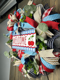 Red, Turquoise and Beige Cherry Americana Welcome Handmade Wreath