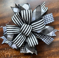 Black & White Striped & Gingham Plaid Handmade Clip-on Bow - 12"x12"