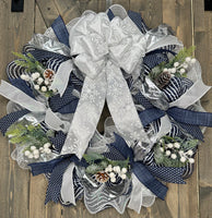 Navy, White & Silver Snowflake Handmade Winter Wreath