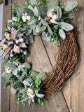 INTERCHANGABLE CLIP-ON BOW WREATH!  Grapevine Greenery Country Farmhouse Wreath with Clip-On Bow