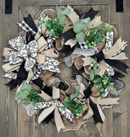 Black and Cream Buffalo Plaid Toile Farmhouse Handmade Wreath