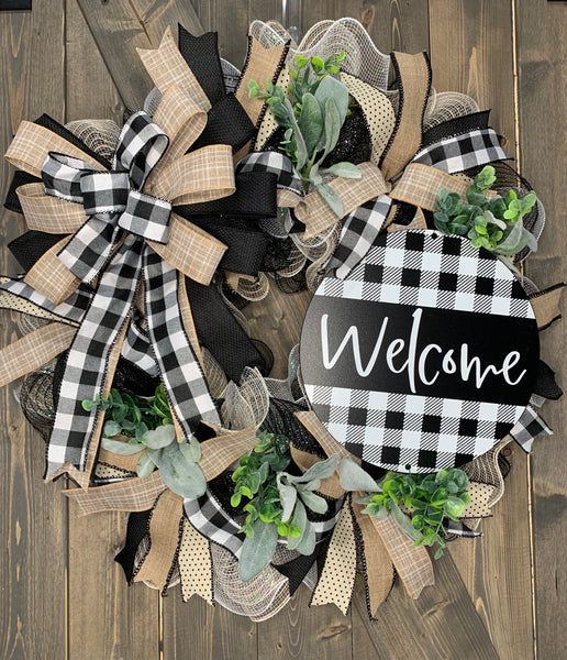 Black, White & Natural Buffalo Check Country Rustic Farmhouse Front Door Welcome Wreath