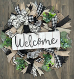 Black and Cream Buffalo Plaid Toile Farmhouse Handmade Front Door Welcome Wreath **BEST SELLER