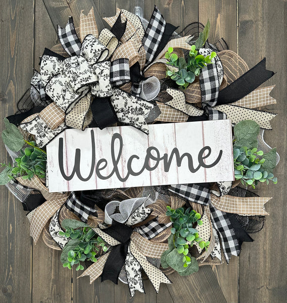 EXPECTED BACK IN STOCK IN FALL Black and Cream Buffalo Plaid Toile Farmhouse Handmade Front Door Welcome Wreath **BEST SELLER