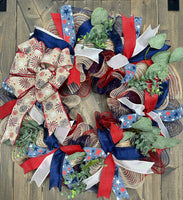 Firework Bow Red, White & Blue Patriotic Handmade Memorial Day, 4th of July Wreath