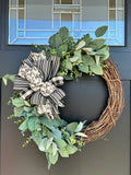 INTERCHANGABLE CLIP-ON BOW WREATH!  Grapevine Greenery Country Farmhouse Wreath with Clip-On Bow