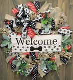 Paw Print Natural, Black, White & Red Handmade Welcome Front Door Wreath