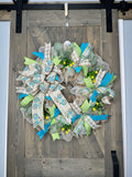 Natural Beige, Turquoise, Lime Green, Yellow Flowers, Bicycle Bow Farmhouse Spring & Summer Handmade Wreath