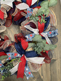 Firework Bow Red, White & Blue Patriotic Handmade Memorial Day, 4th of July Wreath