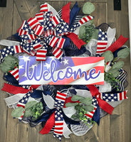 Patriotic USA Flag Red, White & Blue Memorial, 4th of July, Independence Day Handmade Front Door Welcome