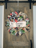 Paw Print Natural, Black, White & Red Handmade Welcome Front Door Wreath