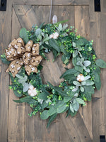 INTERCHANGABLE CLIP-ON BOW WREATH!  Any Season Grapevine Cotton Bud Farmhouse Wreath, Simple & Ellegant