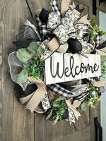 Black and Cream Buffalo Plaid Toile Farmhouse Handmade Front Door Welcome Wreath **BEST SELLER