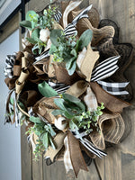 Black, White, Natural & Chocolate Brown Buffalo Check Cotton Bud Farmhouse Any Season Year-Round Handmade Wreath