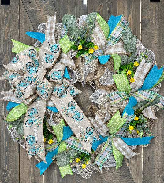 Natural Beige, Turquoise, Lime Green, Yellow Flowers, Bicycle Bow Farmhouse Spring & Summer Handmade Wreath