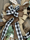 Black, White, Natural & Chocolate Brown Buffalo Check Cotton Bud Farmhouse Any Season Year-Round Handmade Wreath